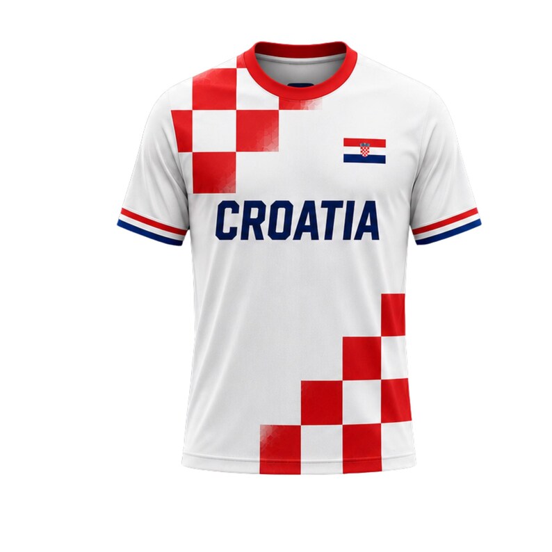May include: White Croatia soccer jersey with red and white checkered accents. The shirt features the word "CROATIA" in navy blue, the Croatian flag, and red and blue stripes on the sleeves.