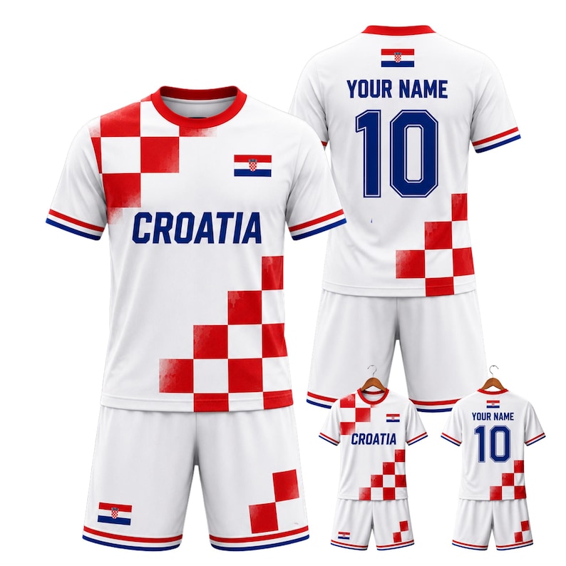 May include: White soccer jersey and shorts set with red and white checkered design and the word "CROATIA" printed on the front. The jersey also features the Croatian flag and blue accents. The number 10 is on the back.