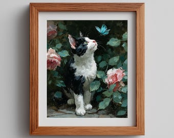 Schwarz-weiße Katze mit Schmetterling Ölgemälde Druck - digitaler Download