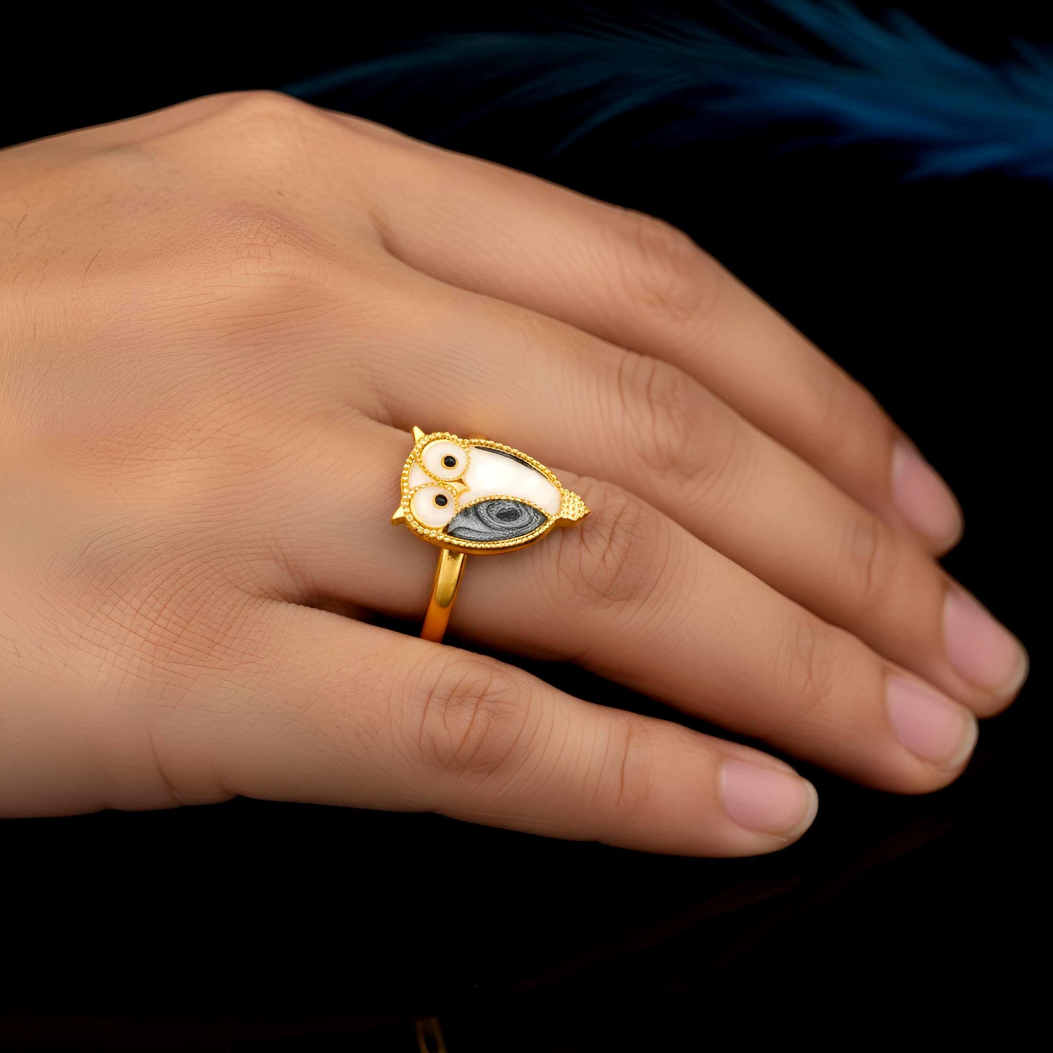 Embroidered Enamel Owl Ring, 925 Sterling Silver, Gold Tone, Statement Animal Jewelry