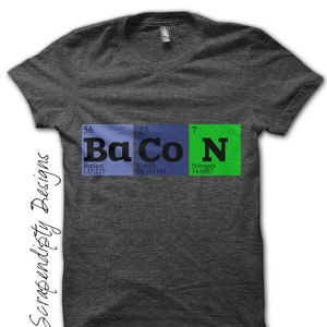 May include: A dark gray t-shirt with a graphic of the chemical elements for Barium, Cobalt, and Nitrogen, spelling out the word "BaCoN".