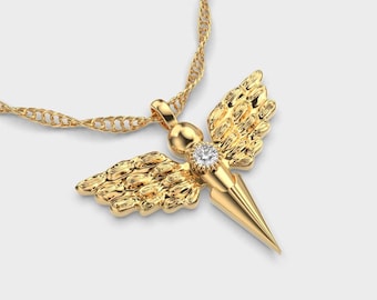 14K Gold Angel Wing Diamond Pendant Necklace | Minimal Gold Charm | Dainty Guardian Angel Jewelry | Gift for Her
