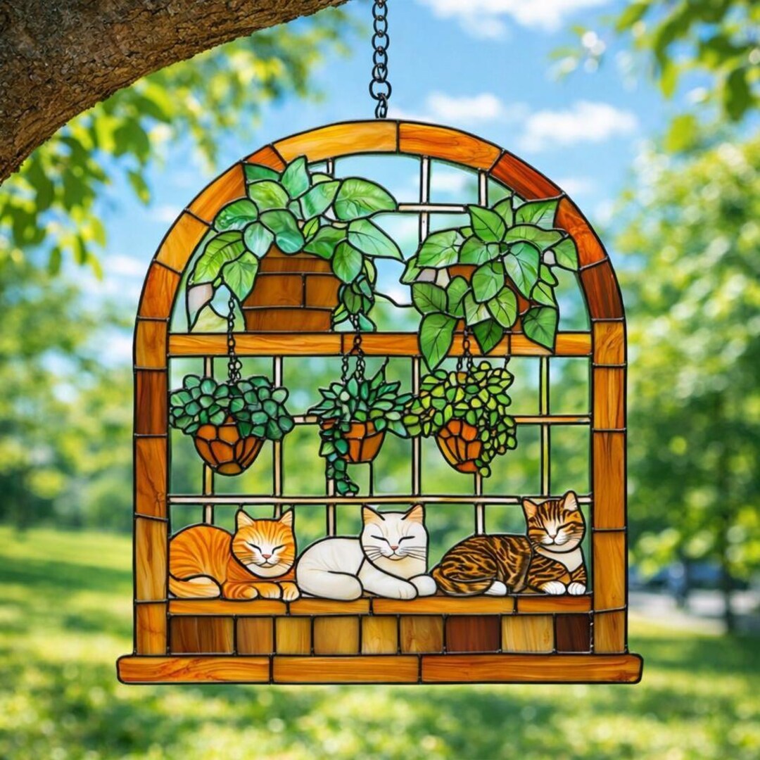 Cat Stained Glass Style Suncatcher – Cozy Cats & Plants Window Hanging ...