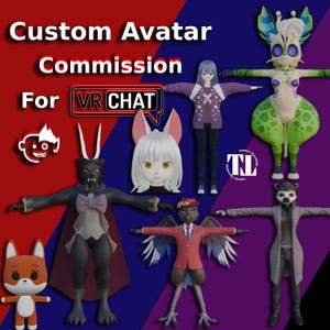 Könnte beinhalten: Werbebild für individuelle Avatar-Aufträge für VR Chat. Das Bild zeigt verschiedene 3D-Charaktermodelle, darunter ein Fuchs, eine pantherartige Figur, ein vogelartiger Charakter und ein Waschbär-ähnlicher Charakter. Der Text "Custom Avatar Commission For VR Chat" ist zu sehen.