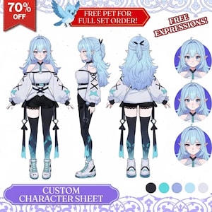 以下が含まれることがあります： 複数のポーズで、水色の髪の毛のアニメスタイルのキャラクターをフィーチャーしたカスタムキャラクターシート。キャラクターは白いトップス、黒いショーツ、ターコイズのアクセントが付いたレギンスを着用しています。「70% OFF」、「FREE PET FOR FULL SET ORDER!」および「FREE EXPRESSIONS!」というテキストが含まれています。