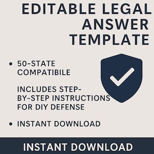 Op de afbeelding: Een digitaal product met de tekst "EDITABLE LEGAL ANSWER TEMPLATE". Het bevat 50-staten-compatibiliteit, stapsgewijze instructies voor doe-het-zelf verdediging en direct downloaden. Er is ook een marineblauw schild met een wit vinkje aanwezig.