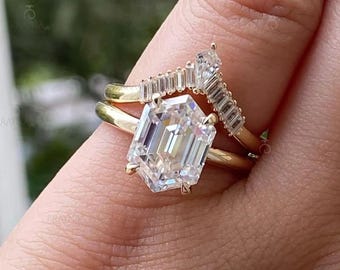 Conjunto de anillos de compromiso con corte hexagonal, anillo de diamantes geométrico, alianza de boda con diamantes talla baguette, conjunto de anillos nupciales estilo art déco, anillo de compromiso de oro único