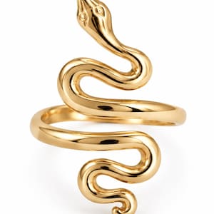 May include: A polished gold-tone ring shaped like a coiled snake. The design features a smooth, continuous metal band that wraps around to form the body of the serpent, with the head positioned at the top and the tail curving at the bottom.