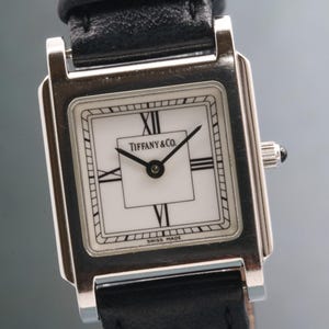 Vintage 1996 Tiffany & Co Watch Stainless Steel Leather Band Roman Numerals Vintage 1996 Tiffany & Co Black Leather Watch Rectangular  main image 3