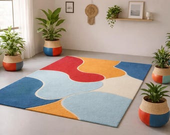 Abstract Area Rug: Modern Wavy Design, Red, Blue, Orange