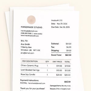 May include: A white invoice template with the words "Invoice Template" at the top. The invoice details include item descriptions, quantities, unit prices, and totals for a ceramic mug, beaded earrings, and a soy candle. The total is £62.50.