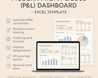 Modern P&L Dashboard Excel-mall – Automatiserad finansiell spårning (digital nedladdning)