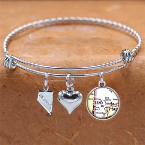 Pulseira mapa de Nevada/Reno, Sparks NV/pulseira de mapa personalizado/joias de mapa vintage/presentes de mapa/formatura de aniversário de dama de honra