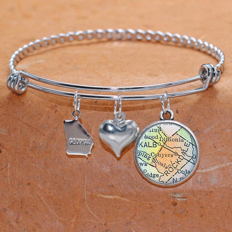Conyers Georgia Map Charm Bracelet State of GA Bangle Cuff Bracelet Vintage Map Jewelry Stainless Steel Bracelet Gifts For Her