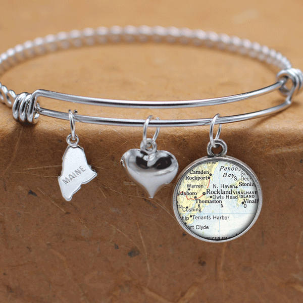 Rockland Maine Map Charm Bracelet State of ME Bangle Cuff Bracelet Vintage Map Jewelry Stainless Steel Bracelet