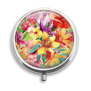 Pill Box, Colorful Flowers Spring Garden, Pill Holder Pill Container Trinket Box PillBox Vitamin Medicine Box, Mint Tin, Gifts For Her