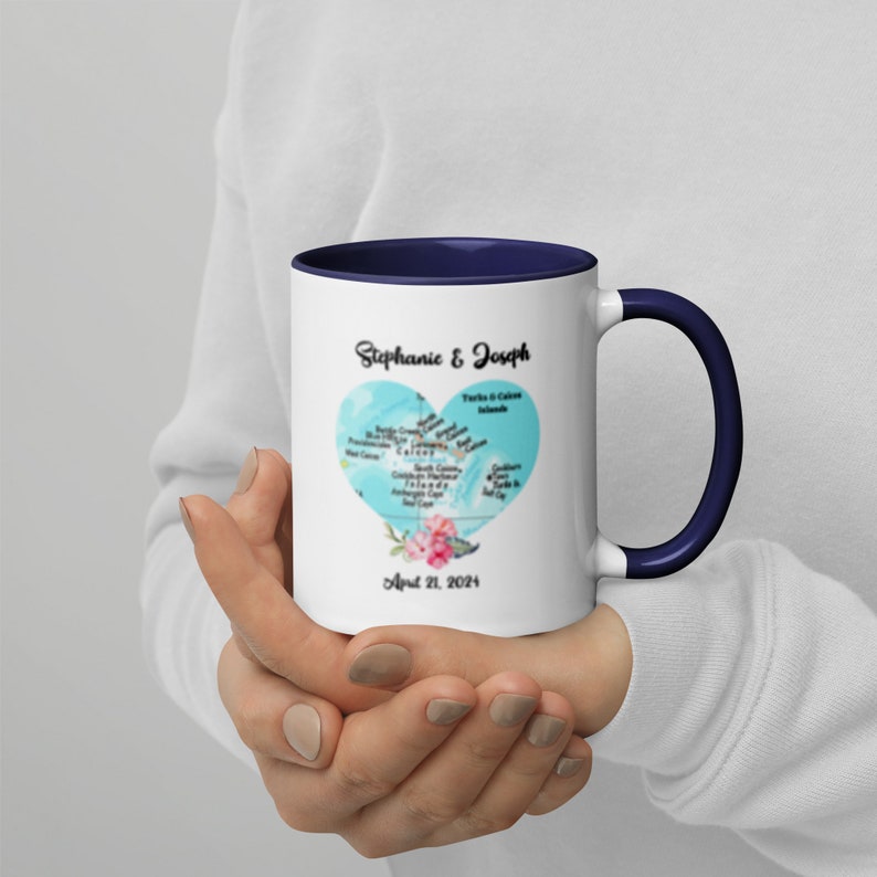 Personalized Map Heart Mug with Color Inside, Tropical Island, Turks and Caicos, Honeymoon Destination, Unique Wedding Gift, Anniversary