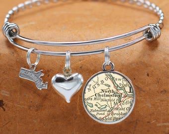 Map Bracelet Massachusetts North Chelmsfield MA / Vintage Map Charm Bracelet / Wanderlust Bracelet / Gifts For Her / Bridesmaid Bracelets