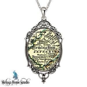 Vintage carte collier ovale en filigrane pendentif ville de Birmingham Alabama Antique carte pendentif Etat de AL