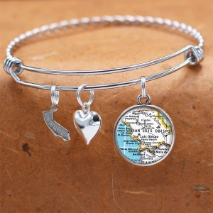Bracelet carte Californie / San Luis Obispo CA / Bracelet de charme Vintage carte bijoux / cadeau de demoiselle d’honneur / Graduation anniversaire cadeaux de mariage