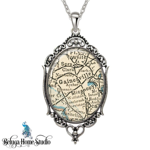 Vintage Map Necklace Oval Filigree Pendant College Towns City of Gainesville Florida Antique Map Pendant State of FL Map Jewelry Destination