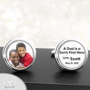 Photo Cufflinks Father Son / A Dad is a Son&#39;s First Hero / Handmade Cuff Links Wedding Gift To Father From Groom