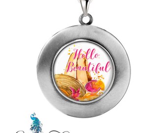 Personalized Photo Locket Hello Beautiful Necklace Pendant, Locket Jewelry, Photographs or Custom Message Insert Included