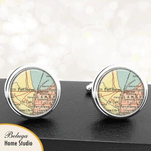 Kaart Manchetknopen Port Huron Sarnia Canada provincie van Ontario handgemaakte Cuff Links Canadese stad kaarten Groomsmen bruiloften vaders vaders