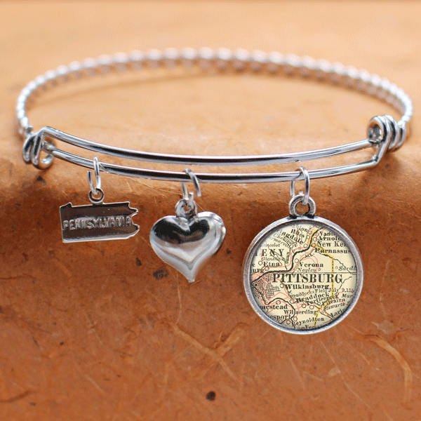 Pittsburg PA Map Charm Bracelet State of Pennsylvania Bangle Cuff Bracelet Vintage Map Jewelry Stainless Steel Bracelet