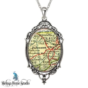 Vintage Map Necklace Oval Filigree Pendant City of Johnson City TN State of Tennessee United States Antique Map Pendant
