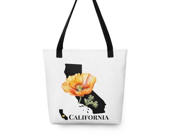 State of California Small Tote Bag With State Flower, California Poppy, CA Map Gifts, Art Totes, Laptop Bags