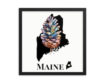 Maine Art Print With State Flower, White Pinecones, Framed Print, ME Map Gifts, Map Print, Home Decor, Wall Art Wedding Gifts