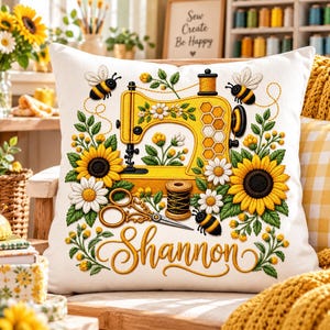 Personalized Sewing Machine Pillow – Custom Name Sunflower & Honeybee Throw Pillow | Sewing Room Decor | Quilter Gift | Craft Room Accent