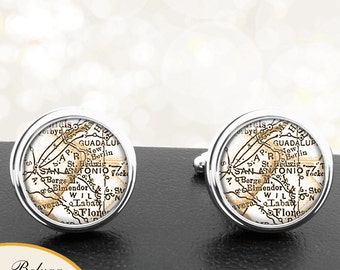 Mappa gemelli San Antonio TX a mano gemelli città stato mappe Texas Groomsmen matrimonio partito padri papà uomini