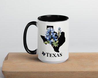 Texas Mug, Color Inside, TX State Flower, Bluebonnets, Coffee Cup, Drinkware, Art Mug, Map Gift, Personalization Available