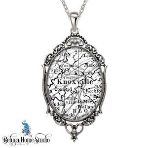 Vintage Map Necklace Oval Filigree Pendant City of Knoxville TN State of Tennessee United States Antique Map Pendant