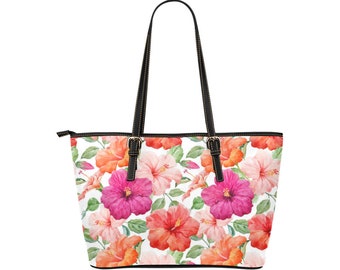 Bolso tote de cuero, flores naranjas rosadas, hibisco tropical, bolso de hombro, bolso de trabajo, bolso, bolso de verano, regalos de dama de honor, monedero, cuero de PU