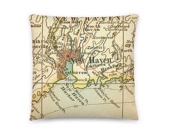 May include: An antique map of New Haven, Connecticut, with a vintage aesthetic. The map shows the city's streets, waterways, and surrounding areas. The map is printed on a cream-colored background with brown, green, and red accents.