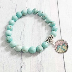 Three Lakes Canada Michigan / Map Beaded Bracelet / Custom Charm Bracelet / Turquoise, Tiger Eye, Moonstone, Many Color Choices