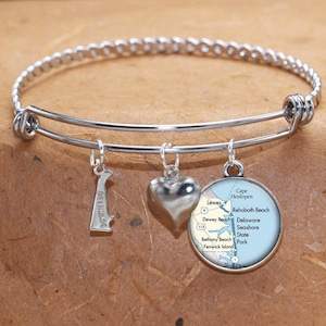 Rehoboth Dewey Bethany Lewes Fenwick Island Delaware Beaches Mapa Charm Bracelet State of DE Bangle Cuff Pulseira Pulseira de aço inoxidável