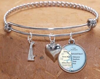 Rehoboth Dewey Bethany Lewes Fenwick Island Delaware Beaches Map Charm Bracelet State of DE Bangle Cuff Bracelet Stainless Steel Bracelet