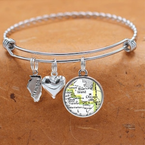 Illinois Karte Armband / Blue Island Chicago Hts IL / Bettelarmband / Vintage Karte Schmuck / Brautjungfer Geburtstag Graduierung Hochzeit Geschenke