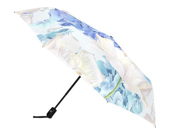 Rain Umbrella / Blue White Hydrangea Floral Design / Summer Flowers / Anti UV Automatic Premium Umbrella / Outside or Underside Printing