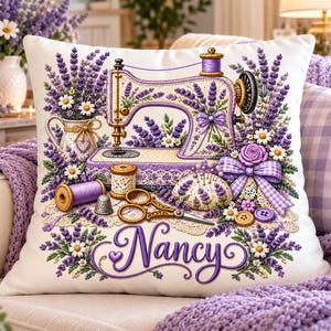 Personalized Lavender Sewing Machine Pillow, Custom Name Craft Room Decor,  Purple Floral Quilter Gift, Vintage Sewing Pillow, Cottagecore