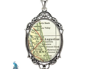 Vintage Map Necklace Oval Filigree Pendant City of St Augustine Florida Antique Map Pendant State of FL Map Jewelry Destination Travel