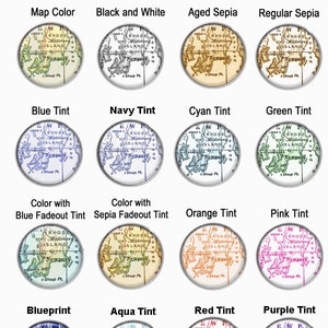 May include: A chart of Rhode Island with different colour and tint variations. The chart shows the outline of the island with the text "Rhode Island" and "Newport" on it. The colours include black and white, aged sepia, regular sepia, blue tint, navy tint, cyan tint, green tint, blue fadeout tint, sepia fadeout tint, orange tint, pink tint, blueprint, aqua tint, red tint, and purple tint.