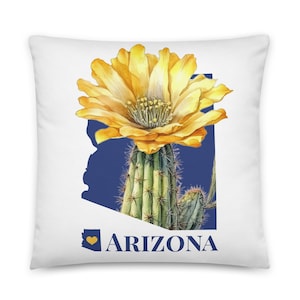 Almohada de Arizona con flor del estado, cactus saguaro, almohada de tiro, decoración del hogar AZ, almohadas de mapa, inauguración de la casa, nuevo hogar, viajes, vacaciones