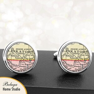Kaart Manchetknopen Saskatoon, Saskatchewan provincie Canada handgemaakte Cuff Links Canadese stad kaarten Groomsmen bruiloften vaders vaders