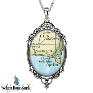 North Carolina Pendant / Southport NC / Vintage Map Pendant / Oval Filigree Necklace / Map Jewelry / Gifts For Her Bridesmaids Wedding Xmas