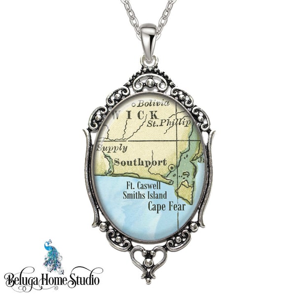 North Carolina Pendant / Southport NC / Vintage Map Pendant / Oval Filigree Necklace / Map Jewelry / Gifts For Her Bridesmaids Wedding Xmas